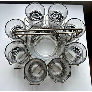 Vtg Hazel Atlas Coins Of the World 8 Glasses, Ice Bucket Black Gold & Caddy MCM